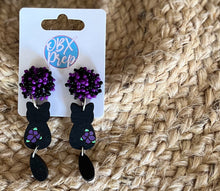 Hand Painted Black Cat Earrings | Dangle Earrings with Flower Accent | Handmade in OBX | Halloween & Cat Lover Gift