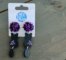Hand Painted Black Cat Earrings | Dangle Earrings with Flower Accent | Handmade in OBX | Halloween & Cat Lover Gift