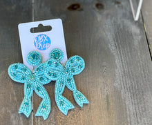 Ocean Blue Beaded Bow Coquette Dangle Earrings