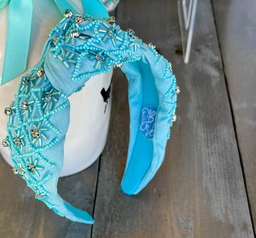 Ocean Blue Beaded Headband with Rhinestone Details.