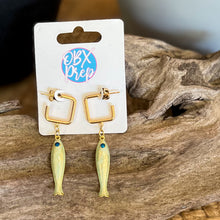Pearlescent Fish Earrings | Gold Square Huggie Hoop Earrings | Coastal Fish Dangle Earrings | Beach Jewelry | Outer Banks Gift