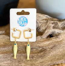 Pearlescent Fish Earrings | Gold Square Huggie Hoop Earrings | Coastal Fish Dangle Earrings | Beach Jewelry | Outer Banks Gift