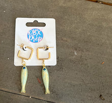 Pearlescent Fish Earrings | Gold Square Huggie Hoop Earrings | Coastal Fish Dangle Earrings | Beach Jewelry | Outer Banks Gift