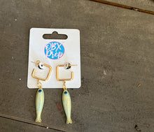Pearlescent Fish Earrings | Gold Square Huggie Hoop Earrings | Coastal Fish Dangle Earrings | Beach Jewelry | Outer Banks Gift