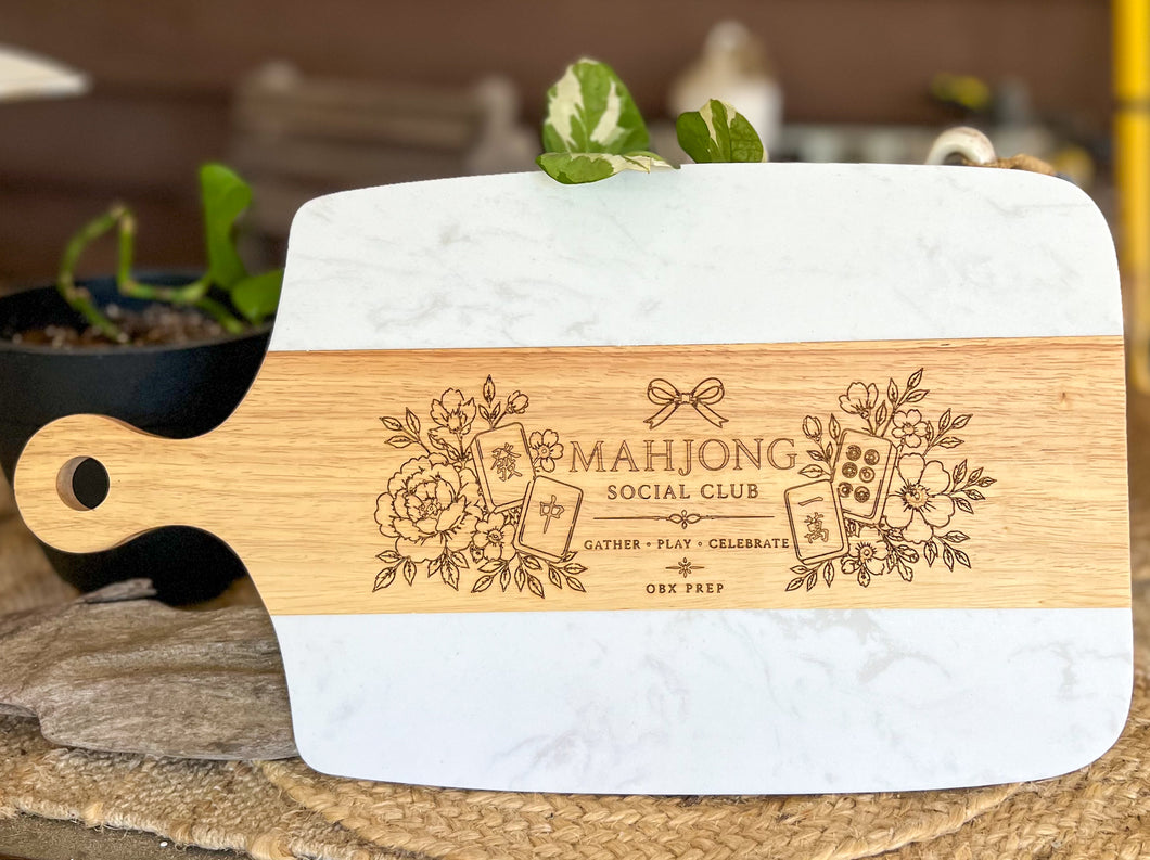 Mahjong Social Club Marble & Acacia Serving Board