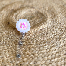 Personalized Layered Acrylic Monogram Badge Reel | Pink Stripe & Iridescent Initial | Scalloped Badge Reel | Alligator or Swivel Clasp