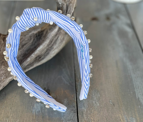 Sydney Striped Blue White Preppy Summer Spring Pearl Rhinestone Headband