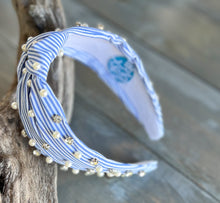 Sydney Striped Blue White Preppy Summer Spring Pearl Rhinestone Headband