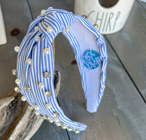 Sydney Striped Blue White Spring Pearl Rhinestone Headband.