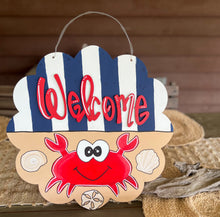 Welcome Nautical Crab Door Hanger – Hand Painted Coastal Summer Decor.