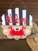 Welcome Nautical Crab Door Hanger – Hand Painted Coastal Summer Decor.
