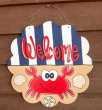 Welcome Nautical Crab Door Hanger – Hand Painted Coastal Summer Decor.