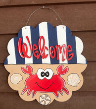 Welcome Nautical Crab Door Hanger – Hand Painted Coastal Summer Decor.