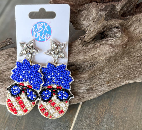 Patriotic Pineapple in Sunglasses Seed Bead Dangle Earrings