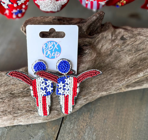 Patriotic Red White Blue Bull skull Seed Bead Dangle Earrings.