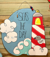 Seas the Day Birch Wood Door Hanger- Hand Painted Coastal Lighthouse Sign