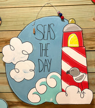 Seas the Day Birch Wood Door Hanger- Hand Painted Coastal Lighthouse Sign