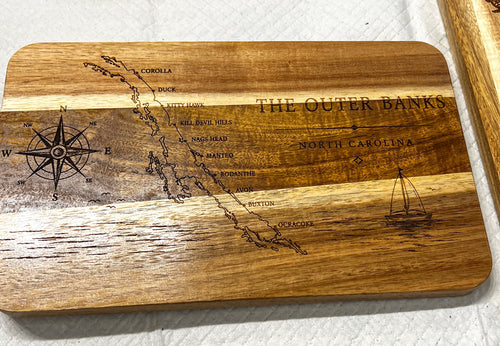 Engraved Outer Banks North Carolina wood tray featuring OBX coastline map, compass rose and sailboat