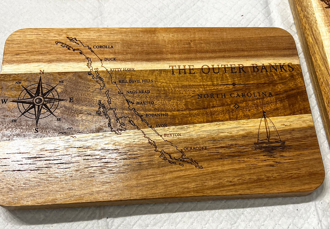 Engraved Outer Banks North Carolina wood tray featuring OBX coastline map, compass rose and sailboat