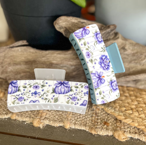 Coastal Harvest Hair Claw | Blue & White Floral Hair Clip | Preppy Fall Hair Accessory | Outer Banks Inspired