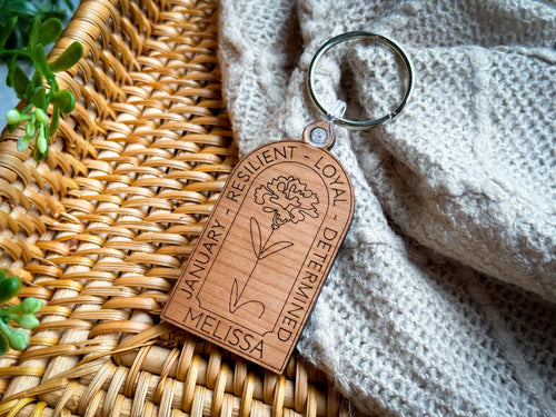 Personalized Birth Flower Keychain | Engraved Wood Birth Month Key Ring | Custom Name Gift | Birth Flower Collection