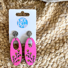 Hand-Painted Birch Hoop Earrings with Delicate Floral Engraving – Hot Pink & Yellow Floral Dangles