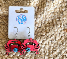 Hand Painted Crab Earrings with Floral Detail – Coastal Birch Wood Dangles Made in OBX