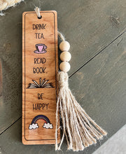 Engraved & Hand-Painted Birch Wood Bookmark – Golden Oak Stain with Beaded Tassel