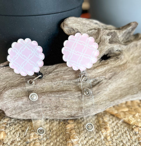 Pink Trellis Scalloped Badge Reel | Preppy Pink ID Badge Holder | Retractable Badge Reel | Nurse Teacher Gift