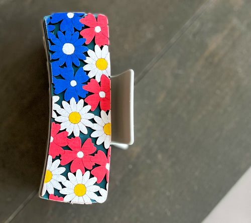Patriotic Red White and Blue Floral Hand Painted Hair Claw