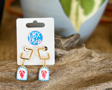 Preppy Lobster Drop Earrings | Gold Square Huggie Hoops | Red White & Blue Coastal Earrings | Outer Banks Jewelry