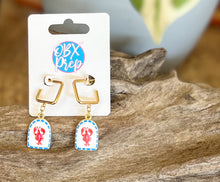 Preppy Lobster Drop Earrings | Gold Square Huggie Hoops | Red White & Blue Coastal Earrings | Outer Banks Jewelry