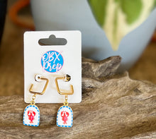Preppy Lobster Drop Earrings | Gold Square Huggie Hoops | Red White & Blue Coastal Earrings | Outer Banks Jewelry