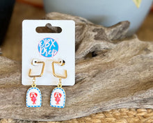 Preppy Lobster Drop Earrings | Gold Square Huggie Hoops | Red White & Blue Coastal Earrings | Outer Banks Jewelry