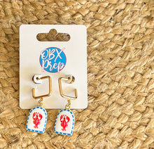 Preppy Lobster Drop Earrings | Gold Square Huggie Hoops | Red White & Blue Coastal Earrings | Outer Banks Jewelry
