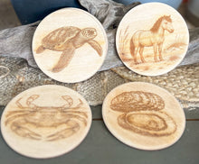 Outer Banks Wildlife Wood Coasters | Blue Crab, Oyster, Sea Turtle & Corolla Wild Horse | Engraved OBX Coaster Set