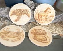 Outer Banks Wildlife Wood Coasters | Blue Crab, Oyster, Sea Turtle & Corolla Wild Horse | Engraved OBX Coaster Set