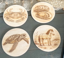 Outer Banks Wildlife Wood Coasters | Blue Crab, Oyster, Sea Turtle & Corolla Wild Horse | Engraved OBX Coaster Set