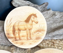 Outer Banks Wildlife Wood Coasters | Blue Crab, Oyster, Sea Turtle & Corolla Wild Horse | Engraved OBX Coaster Set
