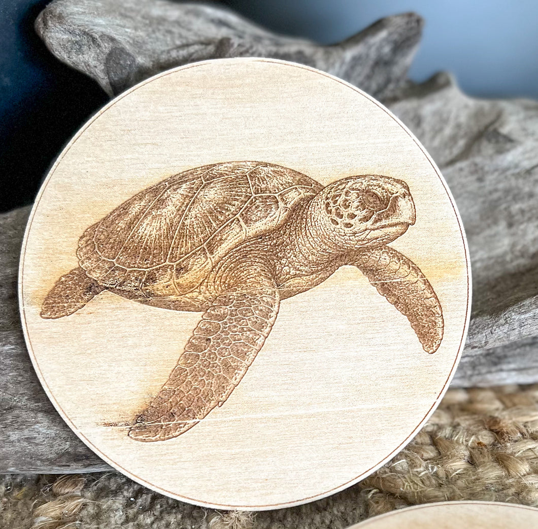 Outer Banks Wildlife Wood Coasters | Blue Crab, Oyster, Sea Turtle & Corolla Wild Horse | Engraved OBX Coaster Set