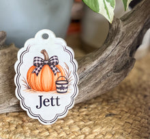Personalized Halloween Basket Tag | Pumpkin & Gingham Bow Acrylic Tag | Custom Trick or Treat Basket Name Tag | Kids Halloween Gift