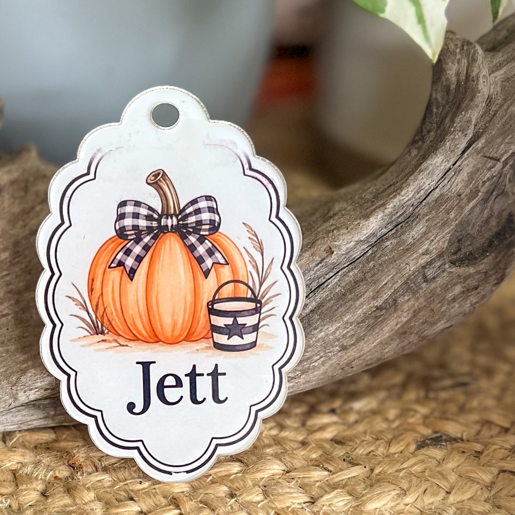 Personalized Halloween Basket Tag | Pumpkin & Gingham Bow Acrylic Tag | Custom Trick or Treat Basket Name Tag | Kids Halloween Gift