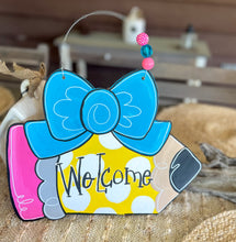 Hand-Painted Pencil Door Hanger with Bow – Custom Classroom or Welcome Sign