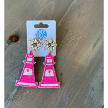Pink Lighthouse Handmade Seed Beaded Dangle Earrings - OBX Prep