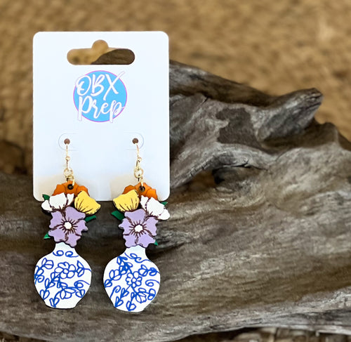 Hand-Painted Chinoiserie Vase Earrings with 3D Flowers – OBX Handmade.