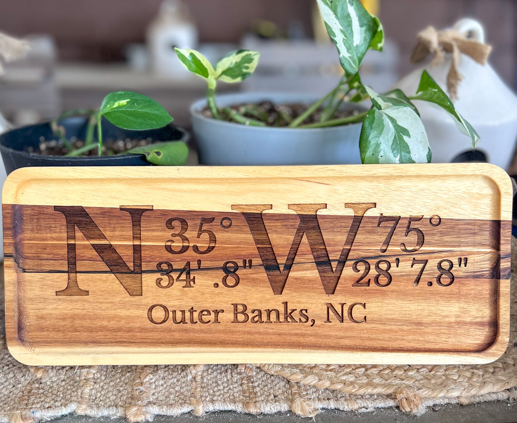 Outer Banks Coordinates Acacia Serving Tray | Custom Location or Personalized Coastal Gift
