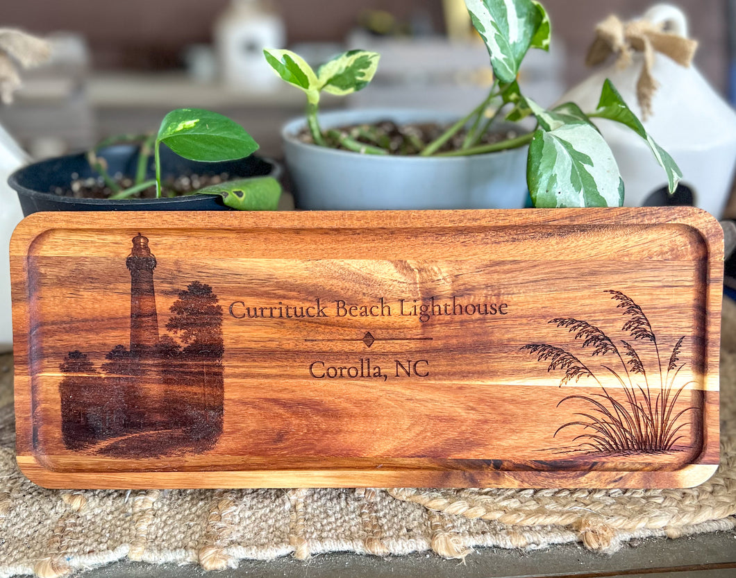 Outer Banks Lighthouse Acacia Serving Tray | Engraved OBX Heritage Coastal Gift