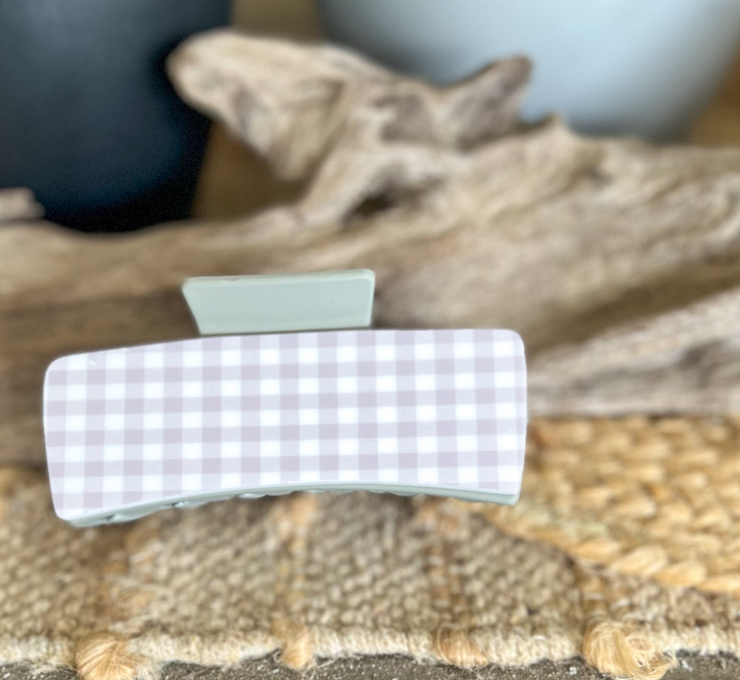 Grey Gingham Hair Claw | 4.5 Inch Acrylic Claw Clip | Neutral Coastal Hair Accessory