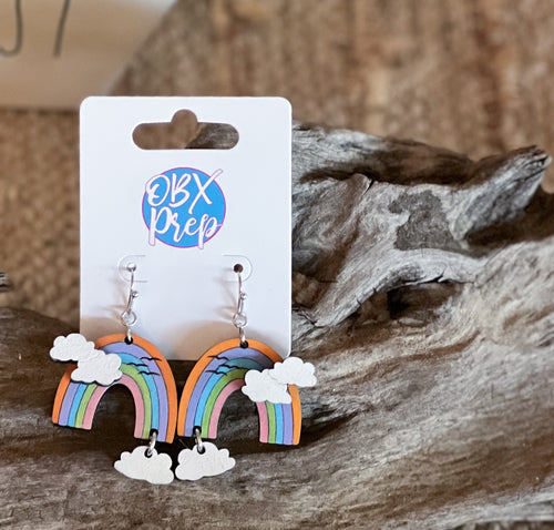 3D Rainbow & Cloud Hand-Painted Earrings – Handmade Birch Wood Dangle Earrings.