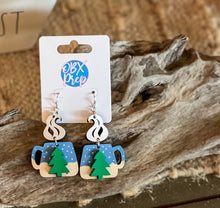 Winter Morning Coffee Mug Earrings – Hand-Painted Birch Wood Dangle Earrings with 3D Tree & Steam